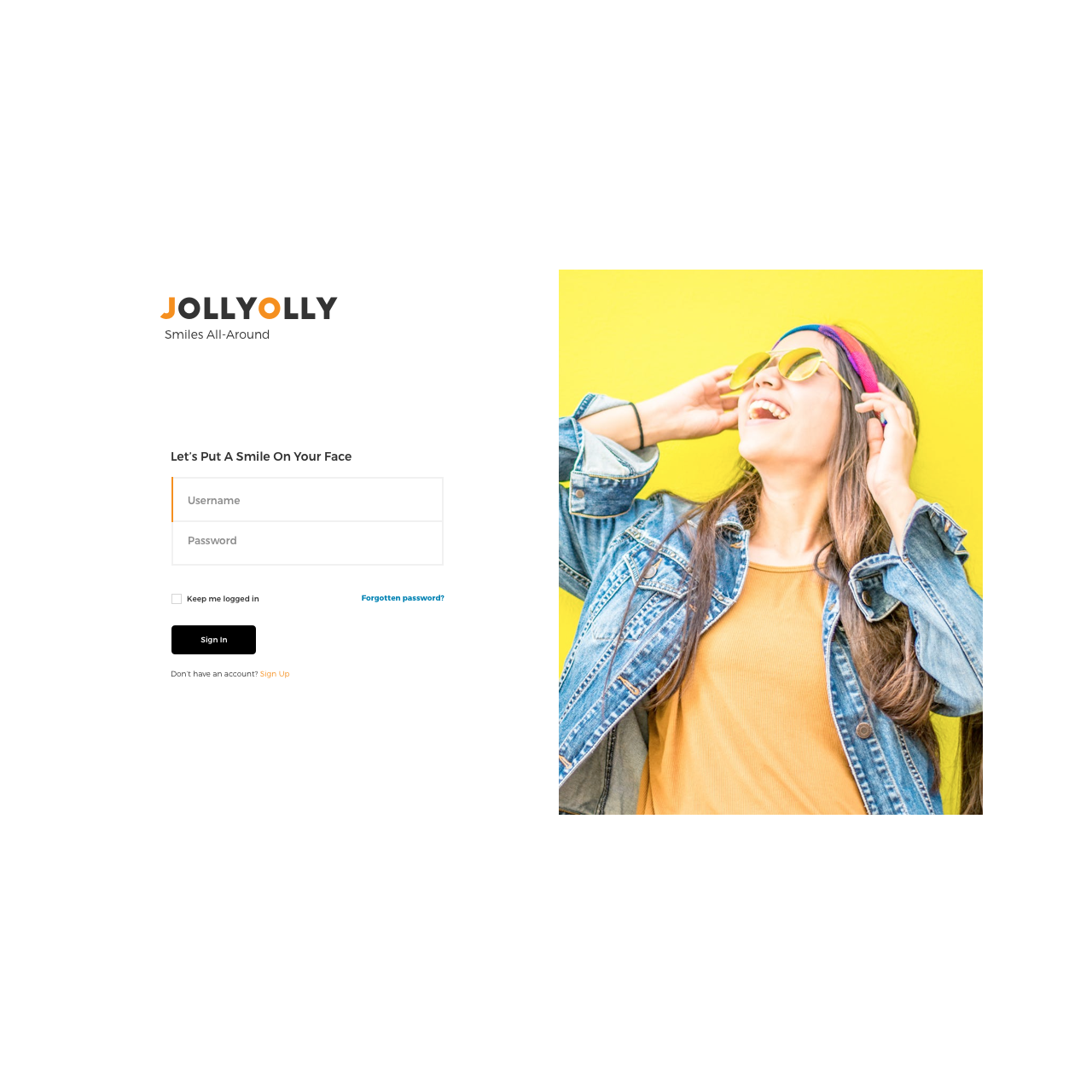 login page with image of a jolly and happy girl