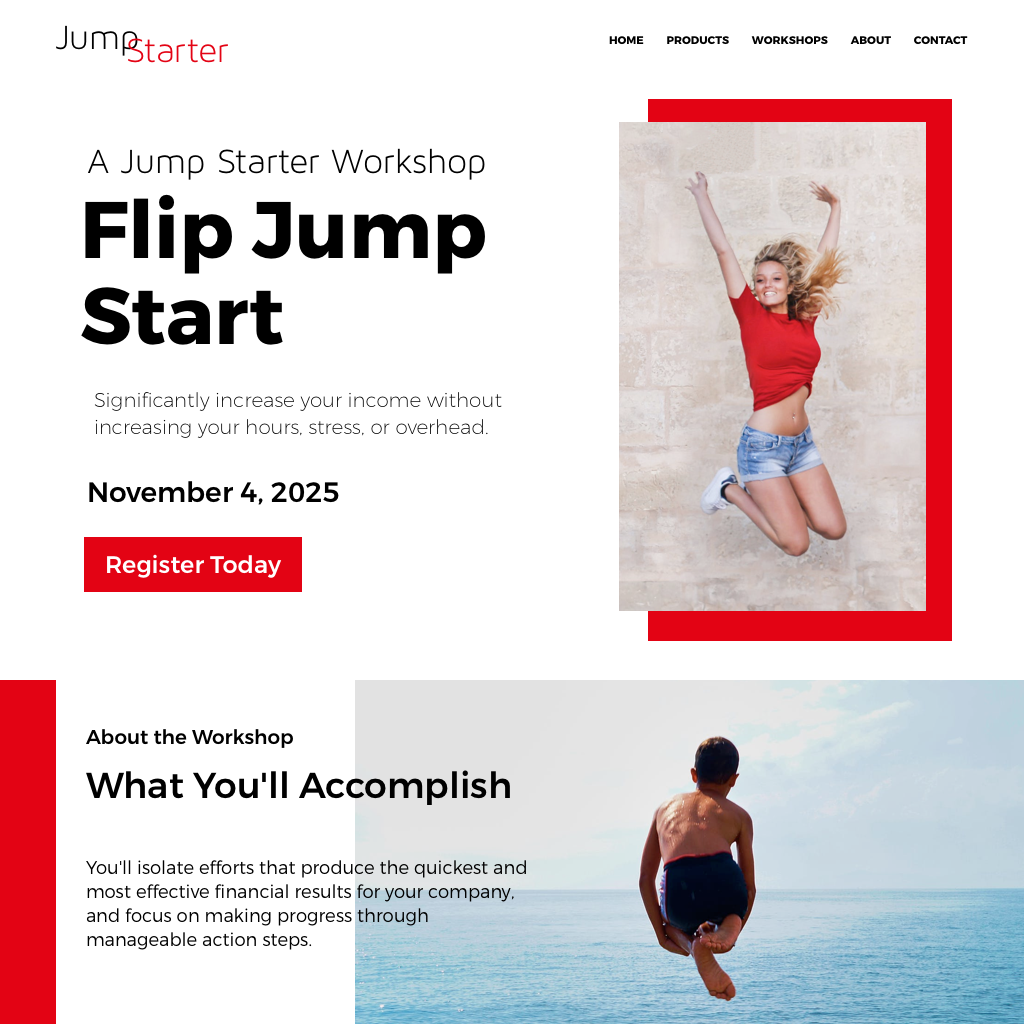 High fidelity mockup of the top portion of the workshop mockup with a featured image on the right and information on the left. With an image of a girl jumping in the air and below and boy jumping into water.