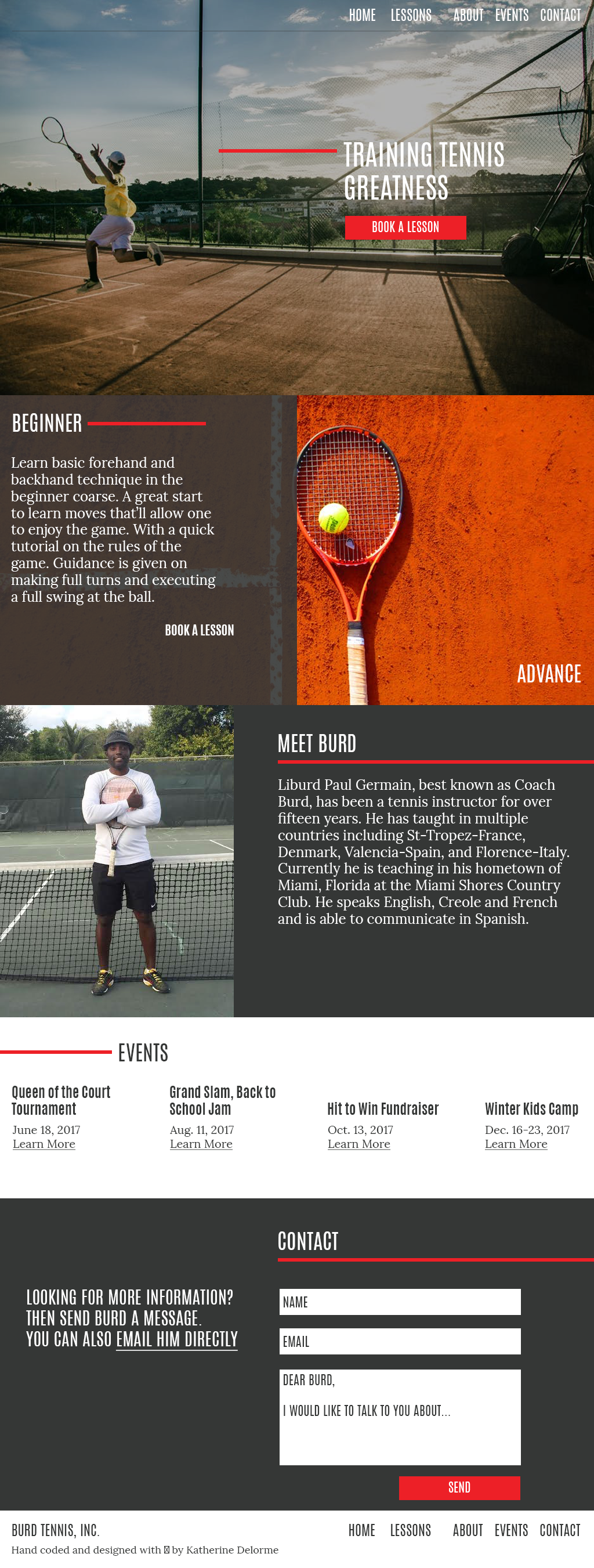 Full page view of the home page of the tennis website designed by Katherine Delorme