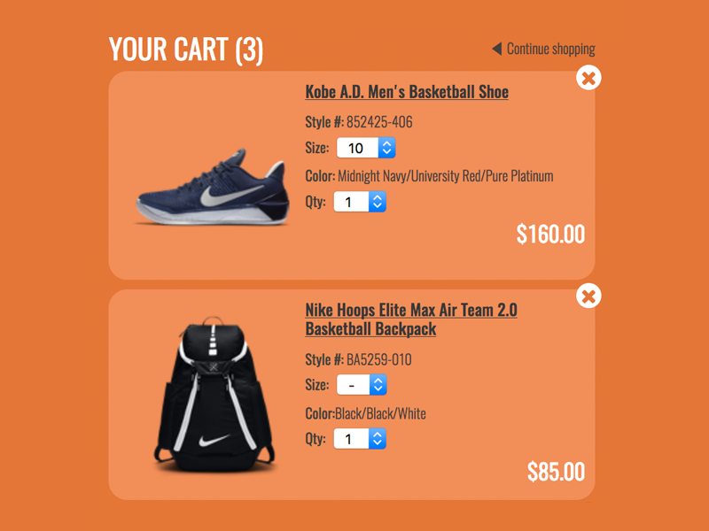 ui of an online checkout cart